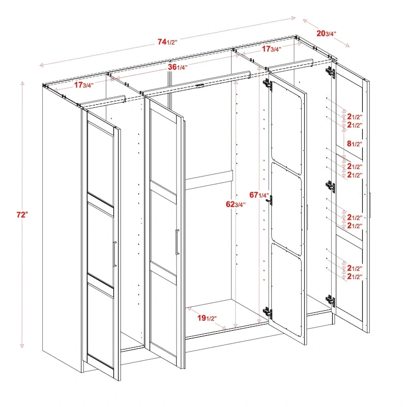 Armoire 100 % en bois massif à 4 portes avec portes en bois massif ou portes miroirs