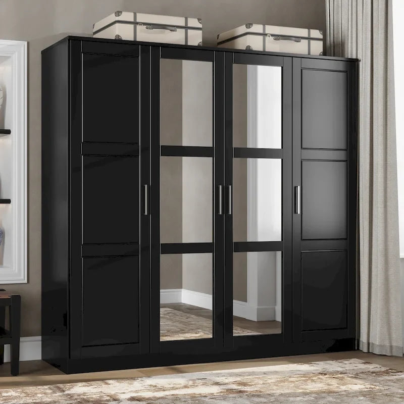Armoire 100 % en bois massif à 4 portes avec portes en bois massif ou portes miroirs