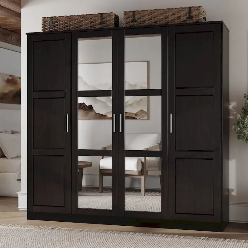 Armoire 100 % en bois massif à 4 portes avec portes en bois massif ou portes miroirs