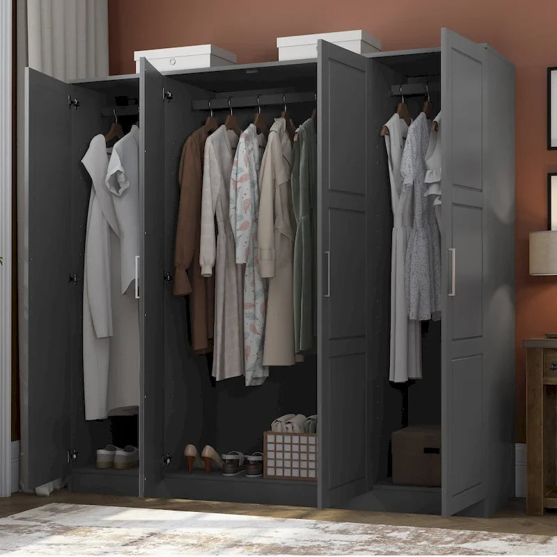 Armoire 100 % en bois massif à 4 portes avec portes en bois massif ou portes miroirs