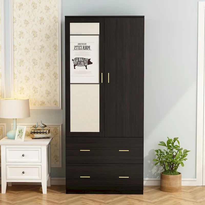 Armoire à deux portes avec miroir, blanc/brun foncé, 31,5L x 72H po – 31,5L x 72H po