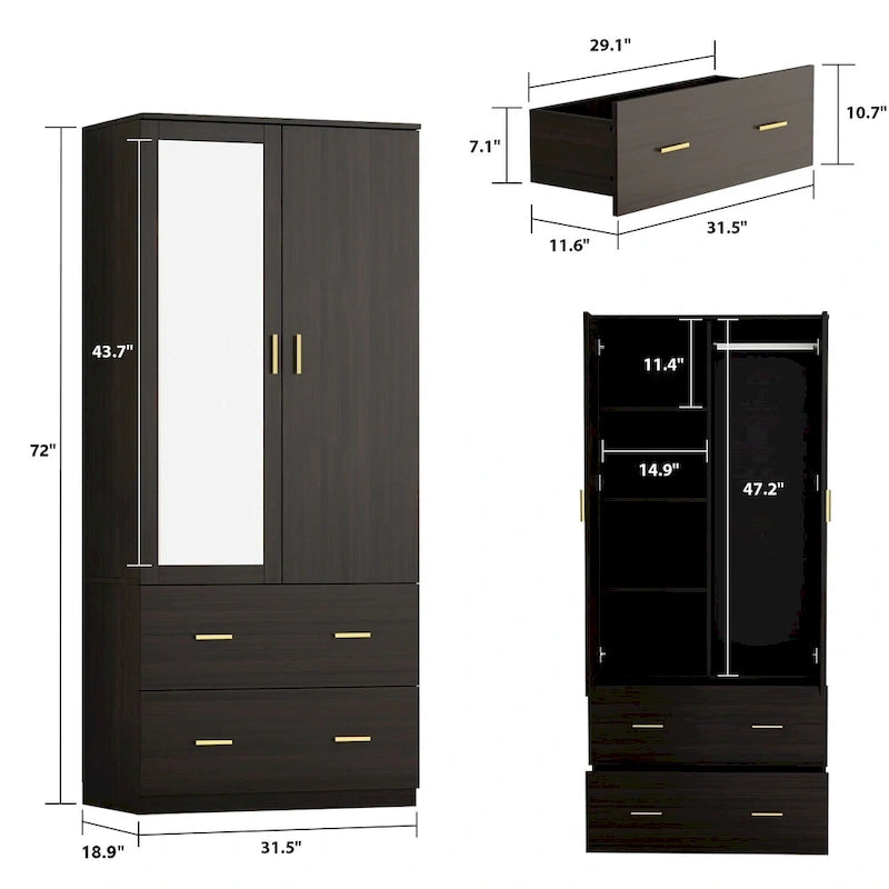 Armoire à deux portes avec miroir, blanc/brun foncé, 31,5L x 72H po – 31,5L x 72H po
