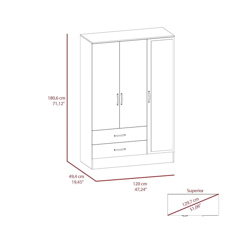 Grande armoire de chambre avec miroir, deux placards, deux tiroirs et des divisions intérieures