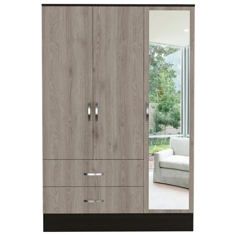 Grande armoire de chambre avec miroir, deux placards, deux tiroirs et des divisions intérieures