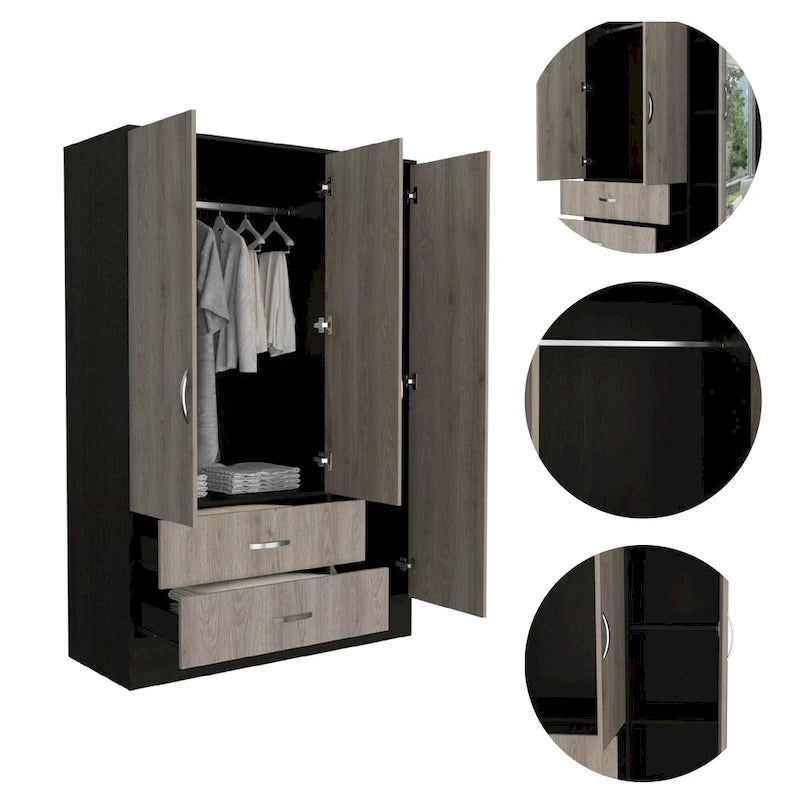Grande armoire de chambre avec miroir, deux placards, deux tiroirs et des divisions intérieures