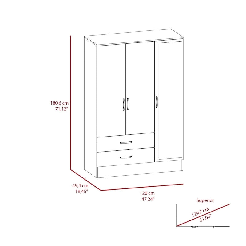 Grande armoire de chambre avec miroir, deux placards, deux tiroirs et des divisions intérieures