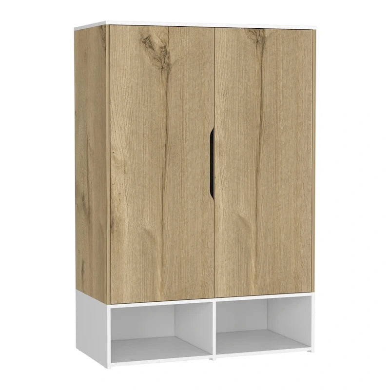 Armoire deux portes avec deux étagères ouvertes, cinq étagères et une tringle de penderie - N/A
