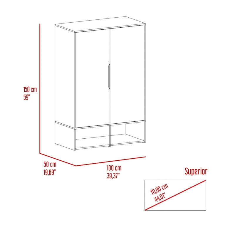 Armoire deux portes avec deux étagères ouvertes, cinq étagères et une tringle de penderie - N/A