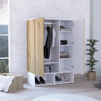 Armoire deux portes avec deux étagères ouvertes, cinq étagères et une tringle de penderie - N/A
