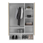 Armoire deux portes avec deux étagères ouvertes, cinq étagères et une tringle de penderie - N/A