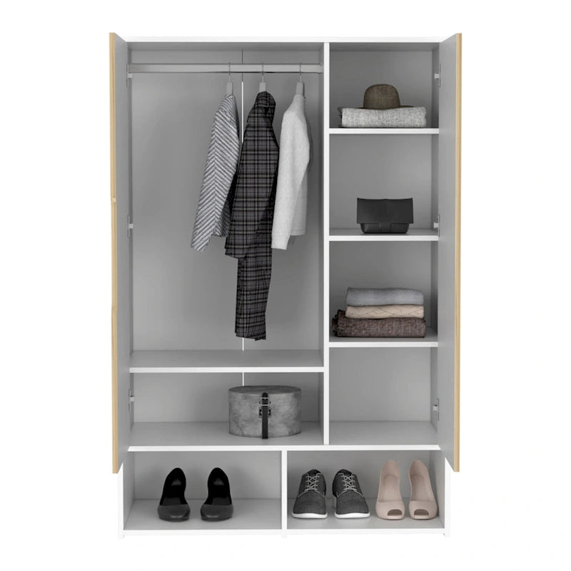 Armoire deux portes avec deux étagères ouvertes, cinq étagères et une tringle de penderie - N/A