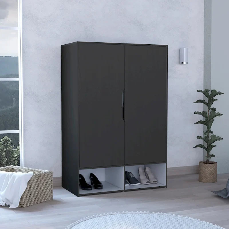 Armoire deux portes avec deux étagères ouvertes, cinq étagères et une tringle de penderie - N/A