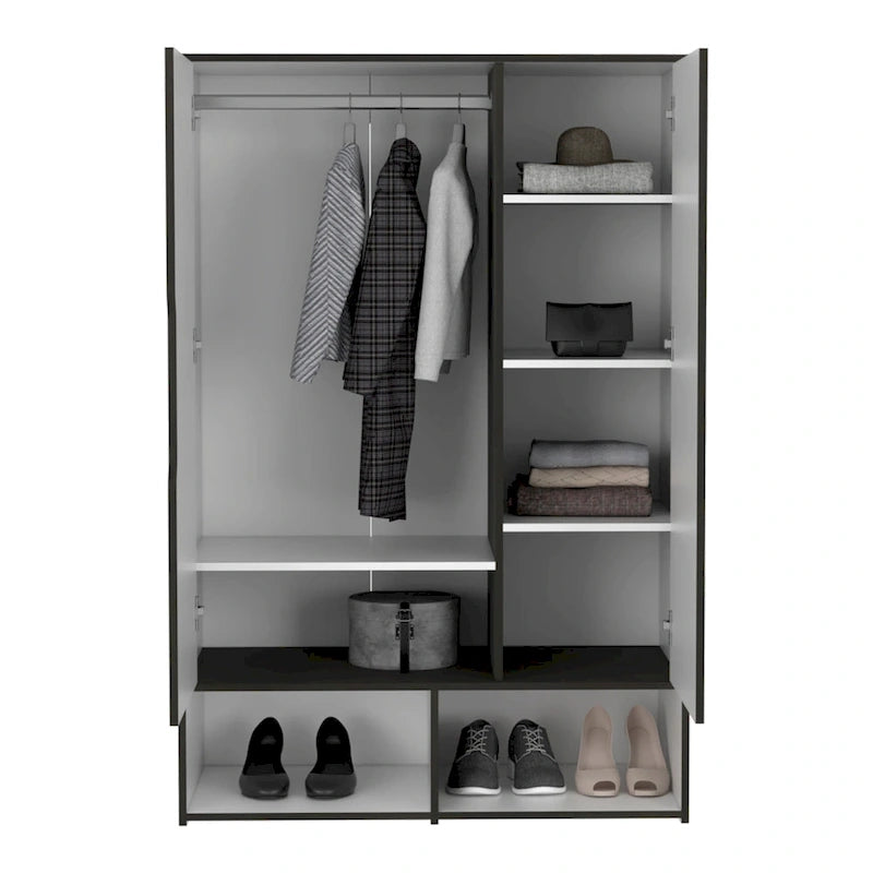 Armoire deux portes avec deux étagères ouvertes, cinq étagères et une tringle de penderie - N/A