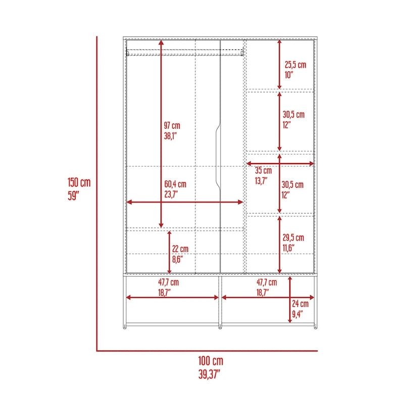 Armoire deux portes avec deux étagères ouvertes, cinq étagères et une tringle de penderie - N/A