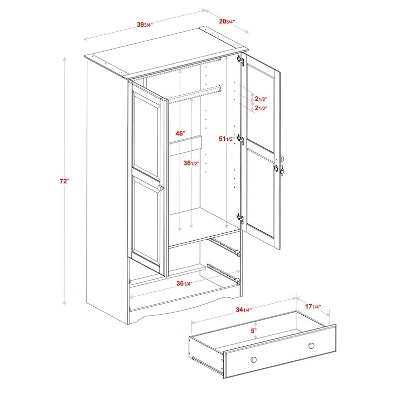 Armoire de garde-robe intelligente 100 % en bois massif avec 2 tiroirs, poignées en métal ou en bois