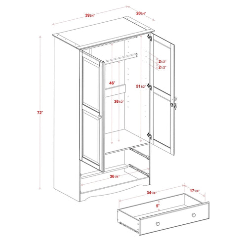Armoire de garde-robe intelligente 100 % en bois massif avec 2 tiroirs, poignées en métal ou en bois