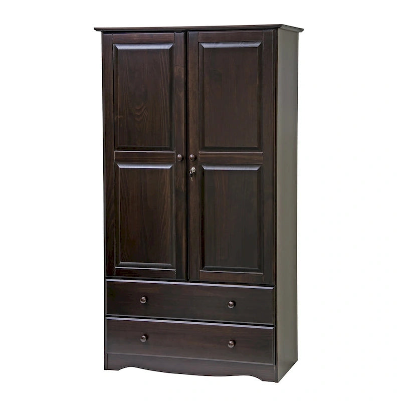 Armoire de garde-robe intelligente 100 % en bois massif avec 2 tiroirs, poignées en métal ou en bois