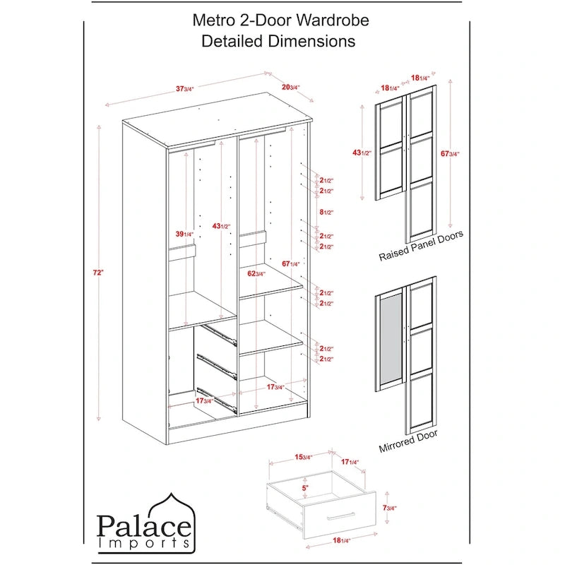 Armoire-penderie Metro 100 % bois massif avec portes en bois massif ou portes miroir