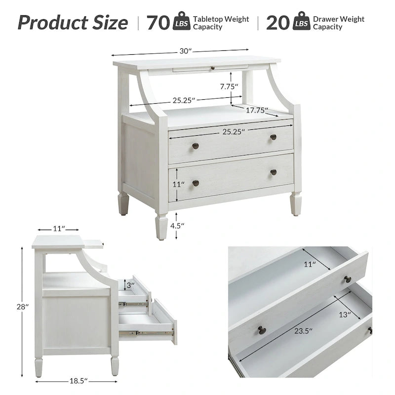 Table de chevet à 2 tiroirs avec prises intégrées et tablette coulissante (lot de 2)