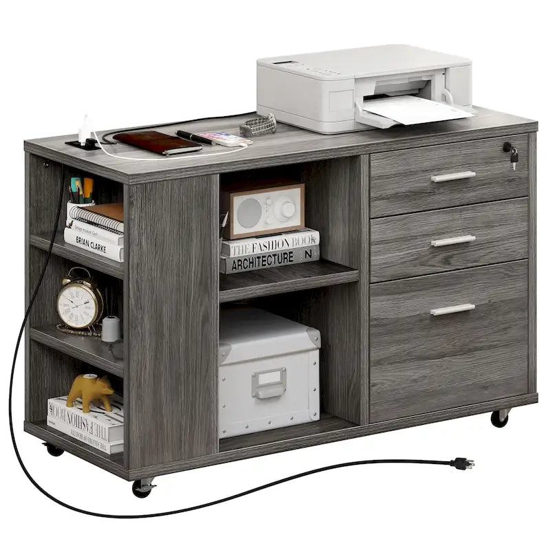 Classeur en bois avec station de recharge Classeur mobile latéral verrouillable Compatible avec les fichiers de format A4, Lettre, Légal