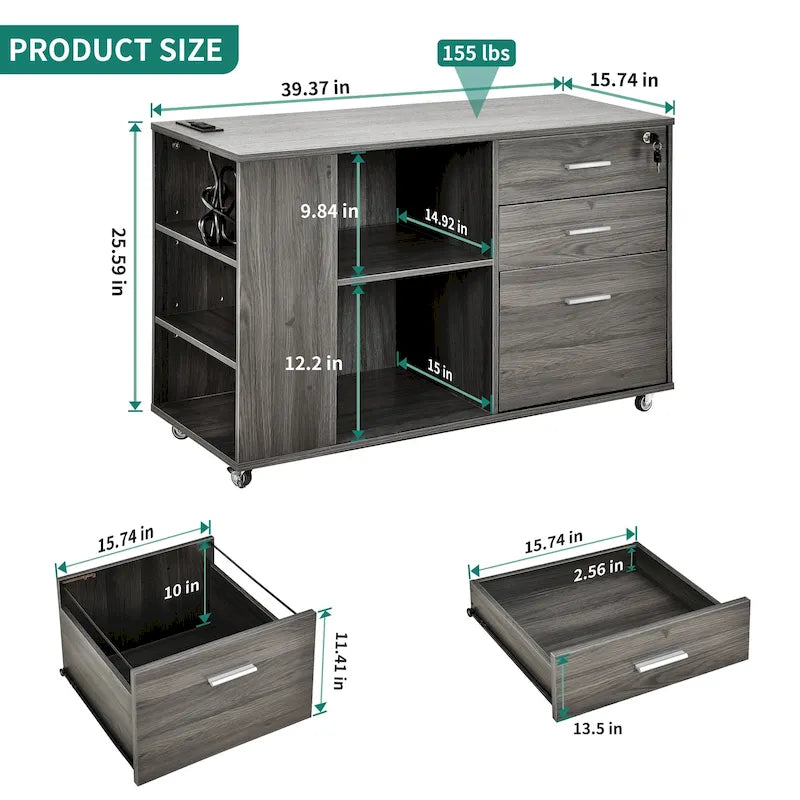 Classeur en bois avec station de recharge Classeur mobile latéral verrouillable Compatible avec les fichiers de format A4, Lettre, Légal