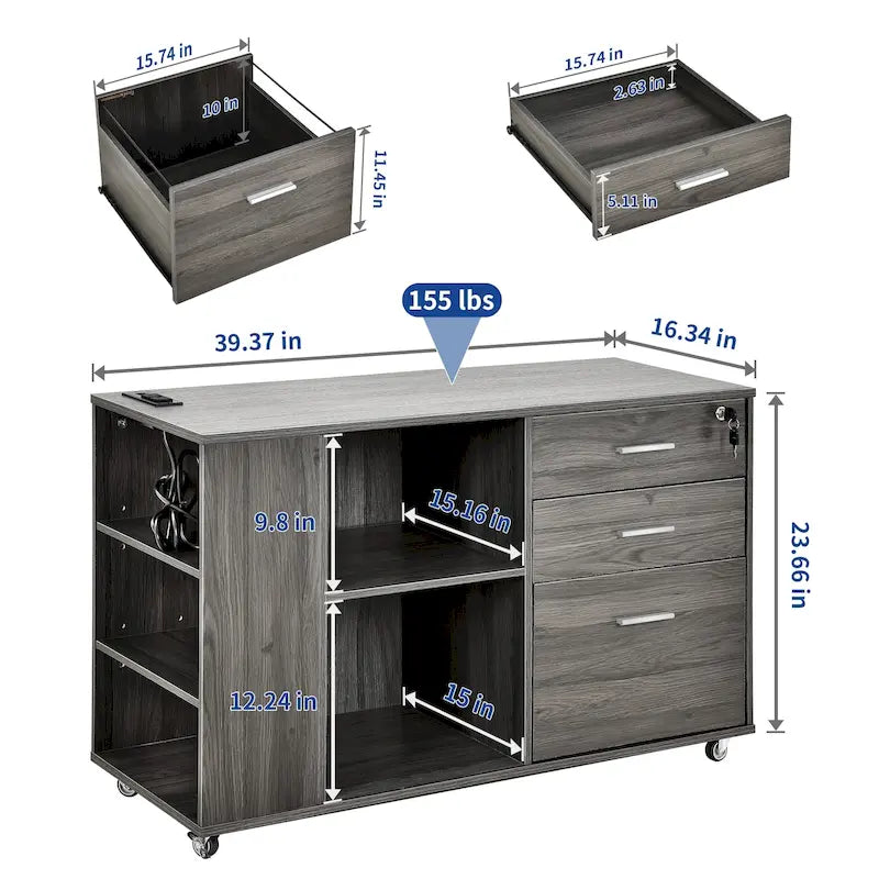 Classeur en bois avec station de recharge Classeur mobile latéral verrouillable Compatible avec les fichiers de format A4, Lettre, Légal