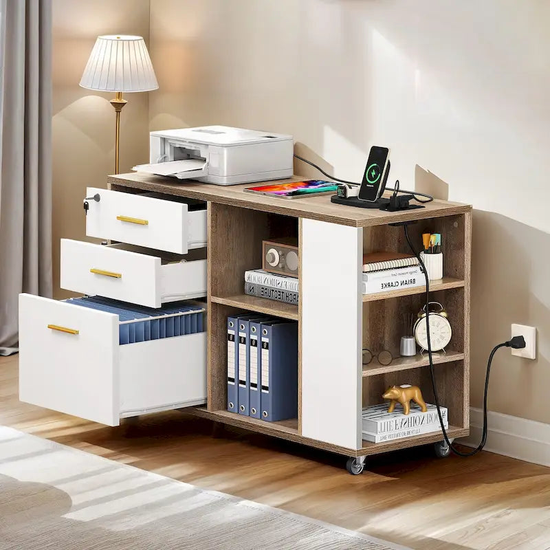 Classeur en bois avec station de recharge Classeur mobile latéral verrouillable Compatible avec les fichiers de format A4, Lettre, Légal