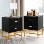Table de chevet à 2 tiroirs, Table de nuit moderne noire et or pour chambre à coucher