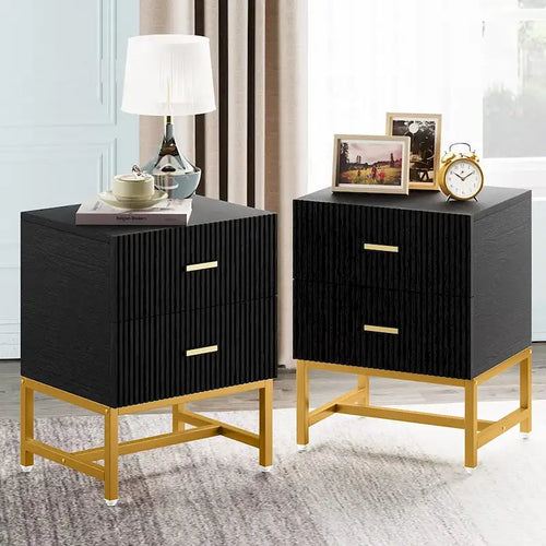 Table de chevet à 2 tiroirs, Table de nuit moderne noire et or pour chambre à coucher