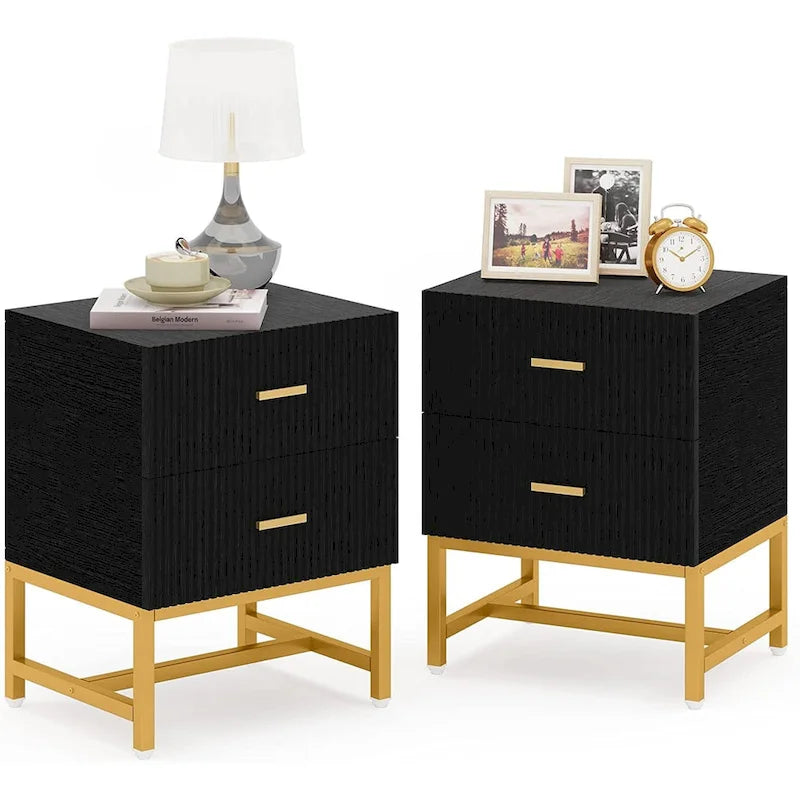 Table de chevet à 2 tiroirs, Table de nuit moderne noire et or pour chambre à coucher