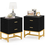Table de chevet à 2 tiroirs, Table de nuit moderne noire et or pour chambre à coucher