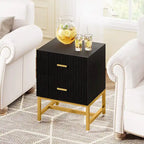 Table de chevet à 2 tiroirs, Table de nuit moderne noire et or pour chambre à coucher