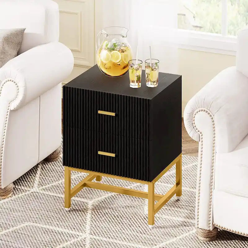 Table de chevet à 2 tiroirs, Table de nuit moderne noire et or pour chambre à coucher