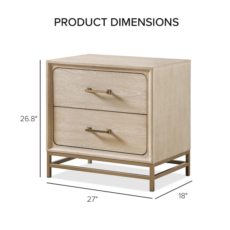Table de chevet transitionnelle en bois massif de chêne avec 2 tiroirs et pieds en métal