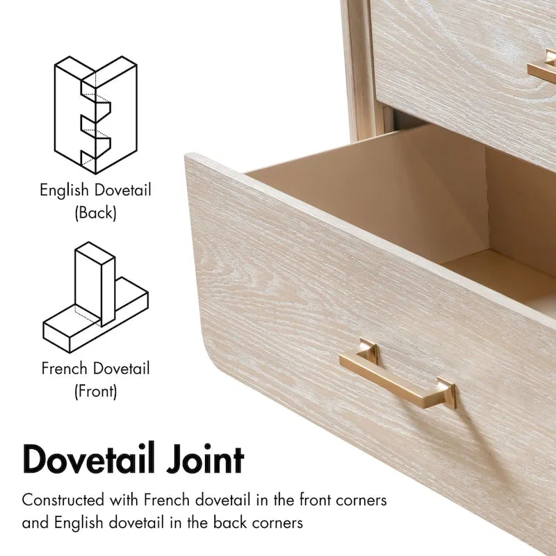 Table de chevet transitionnelle en bois massif de chêne avec 2 tiroirs et pieds en métal
