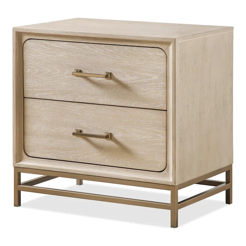Table de chevet transitionnelle en bois massif de chêne avec 2 tiroirs et pieds en métal