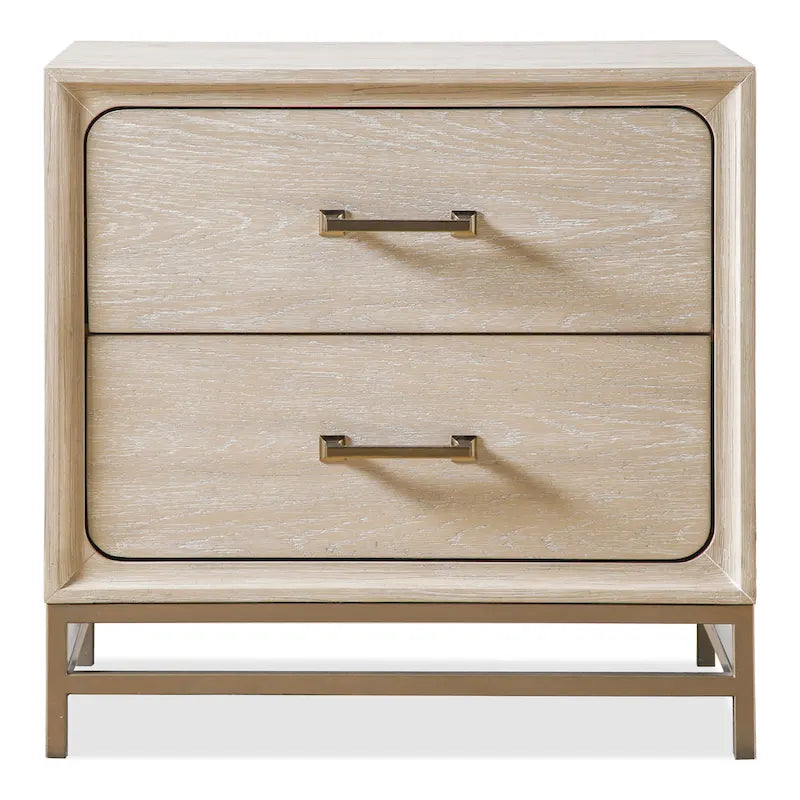 Table de chevet transitionnelle en bois massif de chêne avec 2 tiroirs et pieds en métal
