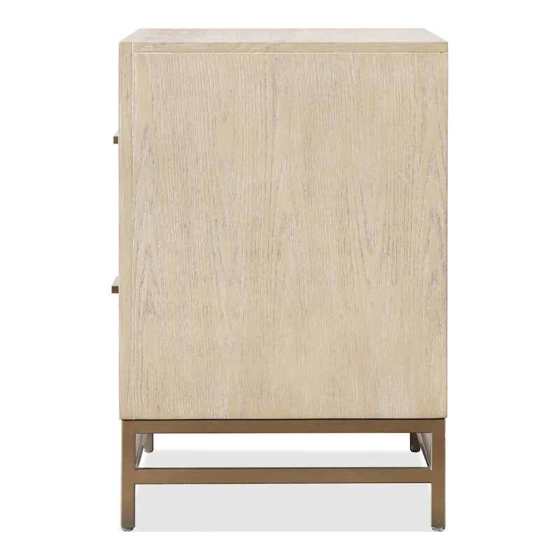Table de chevet transitionnelle en bois massif de chêne avec 2 tiroirs et pieds en métal