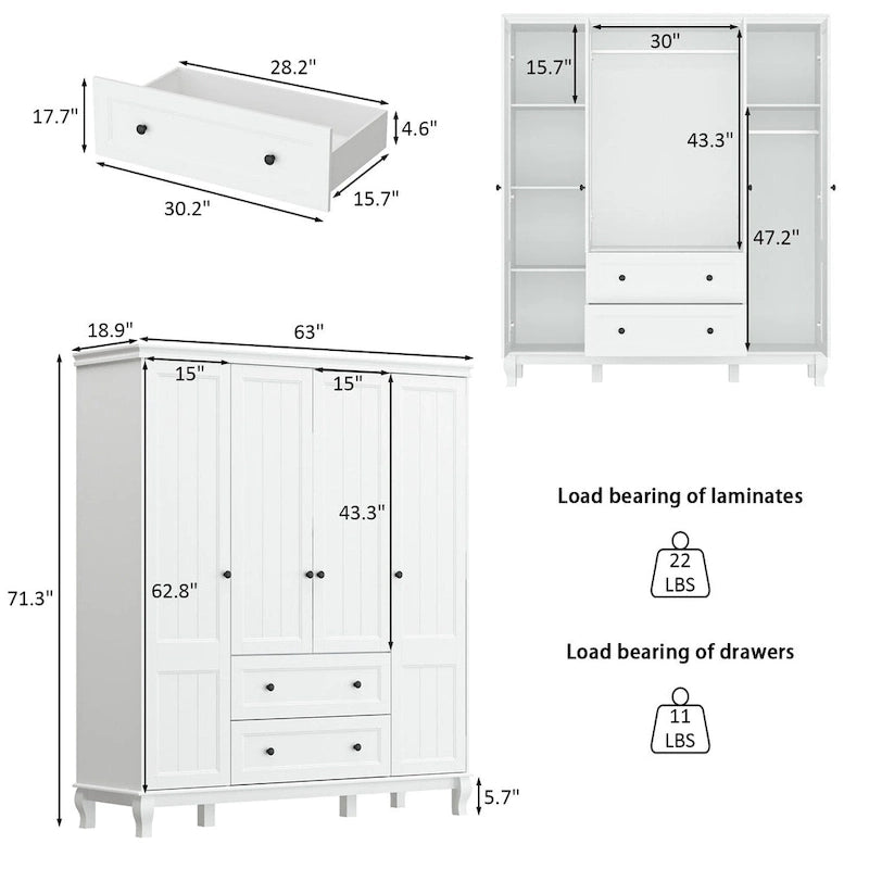 Armoire penderie familiale en bois 63W, laque blanche, tringles à vêtements