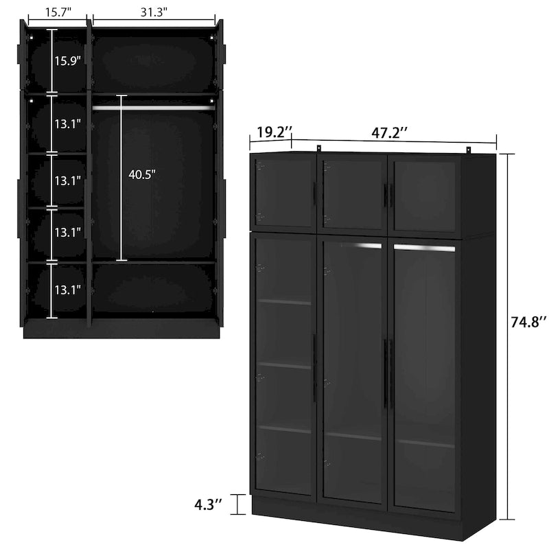 47.2 Armoire large avec éclairage LED et portes entièrement vitrées, pour dressing ou penderie