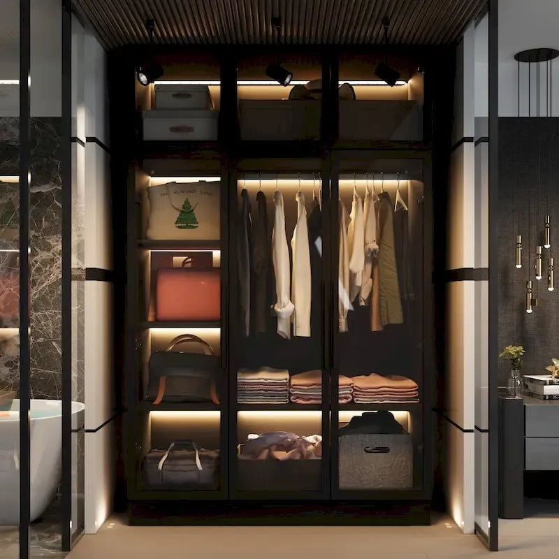 47.2 Armoire large avec éclairage LED et portes entièrement vitrées, pour dressing ou penderie