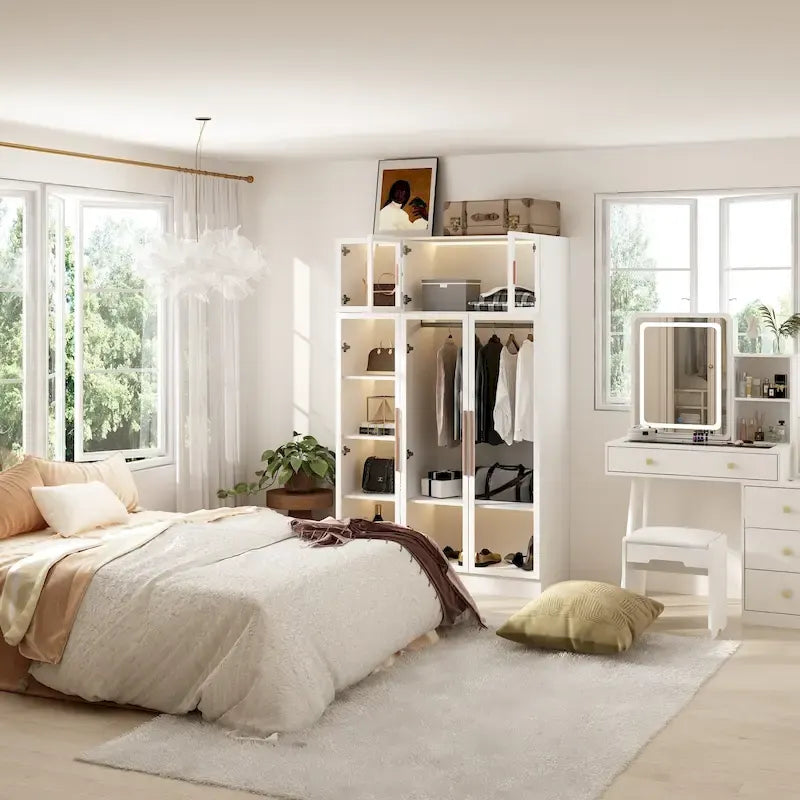 47.2 Armoire large avec éclairage LED et portes entièrement vitrées, pour dressing ou penderie