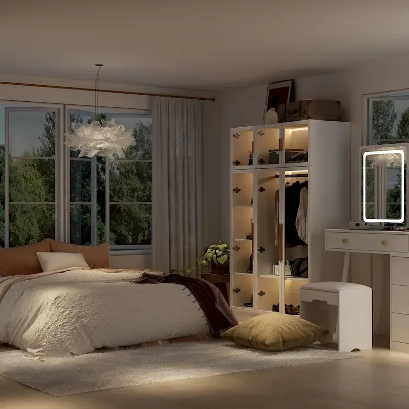 47.2 Armoire large avec éclairage LED et portes entièrement vitrées, pour dressing ou penderie
