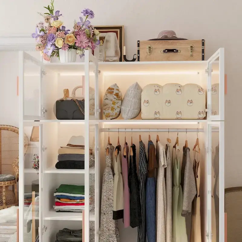 47.2 Armoire large avec éclairage LED et portes entièrement vitrées, pour dressing ou penderie