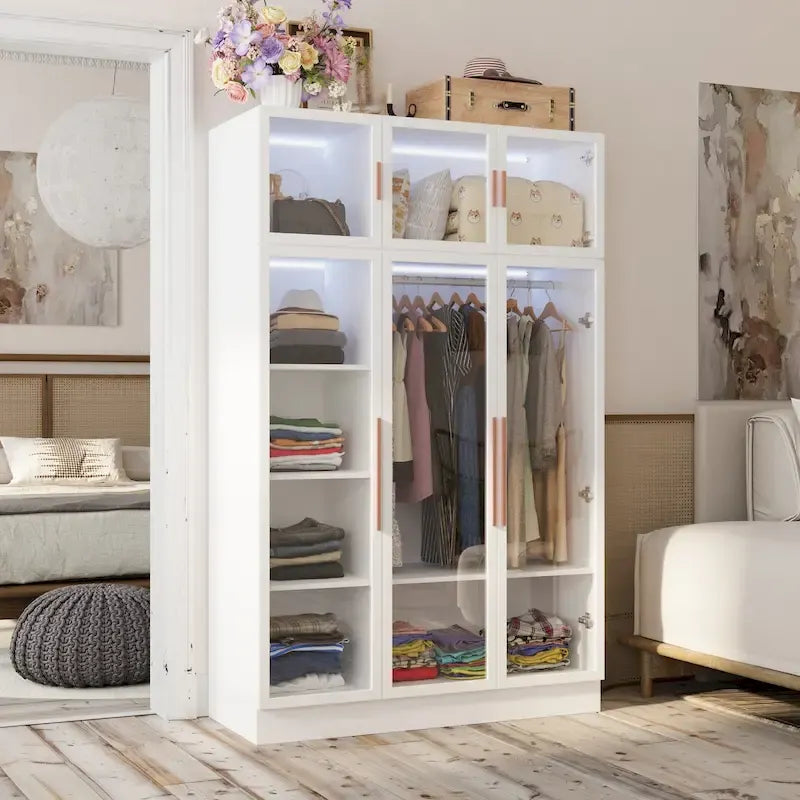 47.2 Armoire large avec éclairage LED et portes entièrement vitrées, pour dressing ou penderie