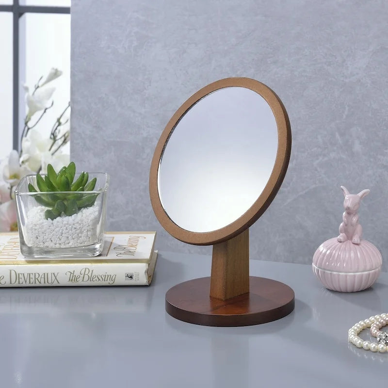  Round Walnut Frame Vanity Top Pedestal Mirror - Brown