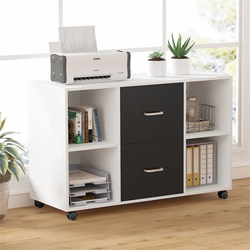 Meuble de rangement de bureau en bois avec 2 tiroirs et 4 étagères ouvertes