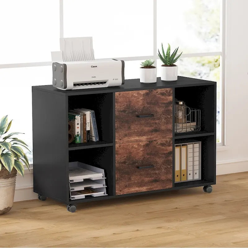 Meuble de rangement de bureau en bois avec 2 tiroirs et 4 étagères ouvertes