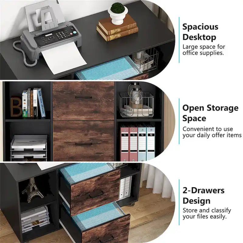 Meuble de rangement de bureau en bois avec 2 tiroirs et 4 étagères ouvertes