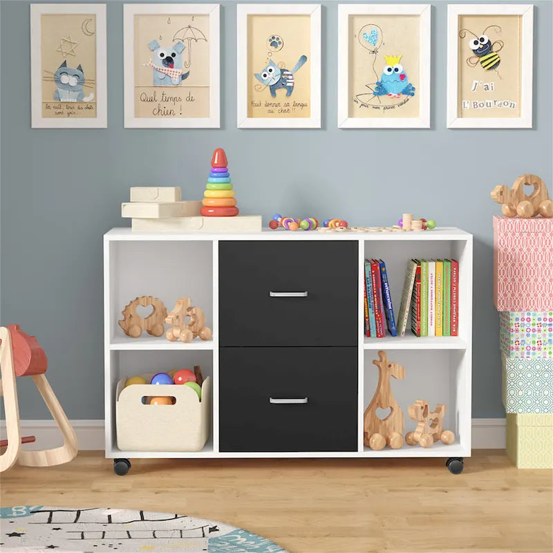 Meuble de rangement de bureau en bois avec 2 tiroirs et 4 étagères ouvertes